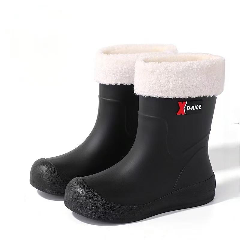 Woman Flat Sole High Top Rain Boots Thick Sole Non slip Round Toe Waterproof Detachable Cotton Cover Keep Warm Work Shoes