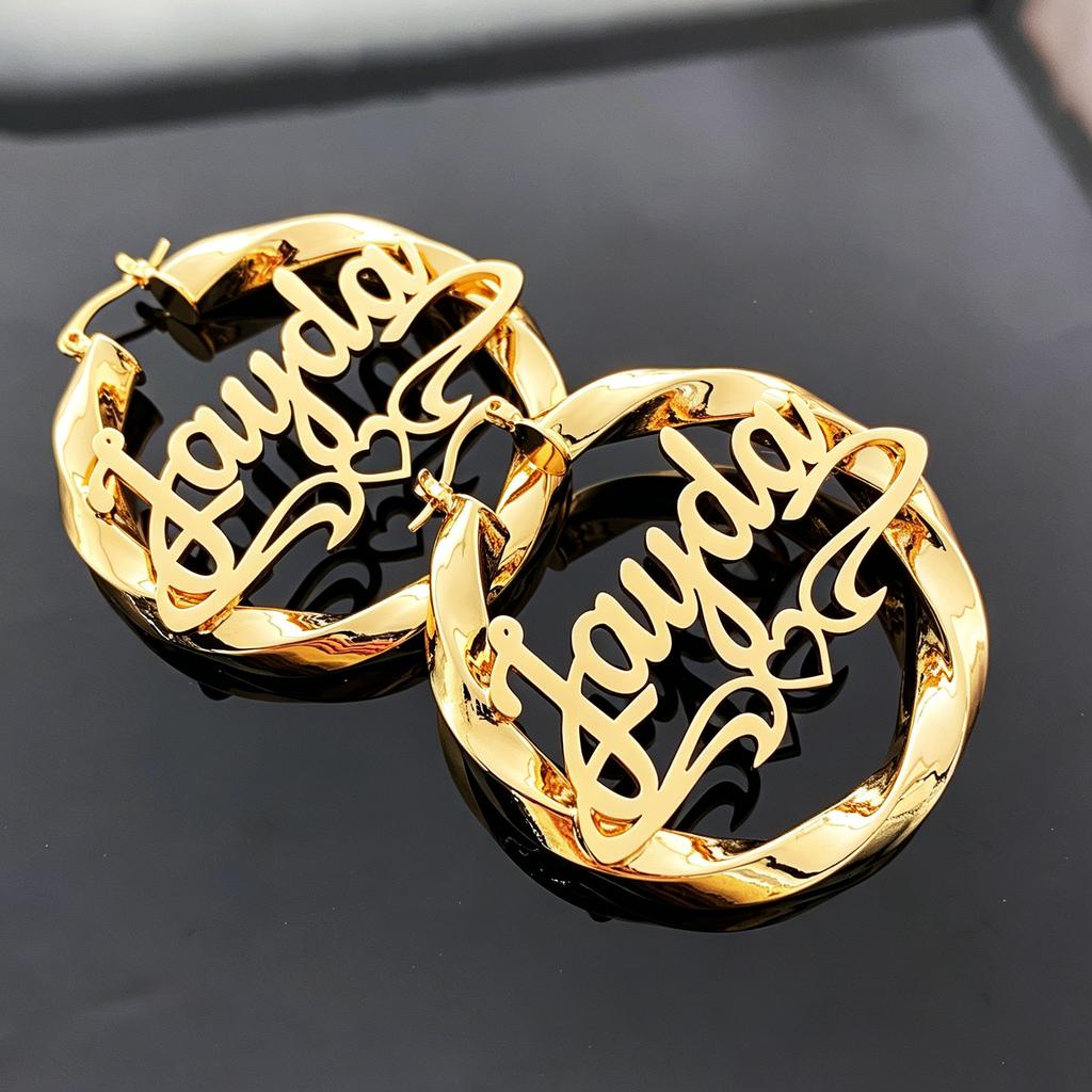 Personalized Nameplate Jewelry Set Custom Name Twist Hoop Earrings Matching Pendant on Figaro Chain Gift for Party