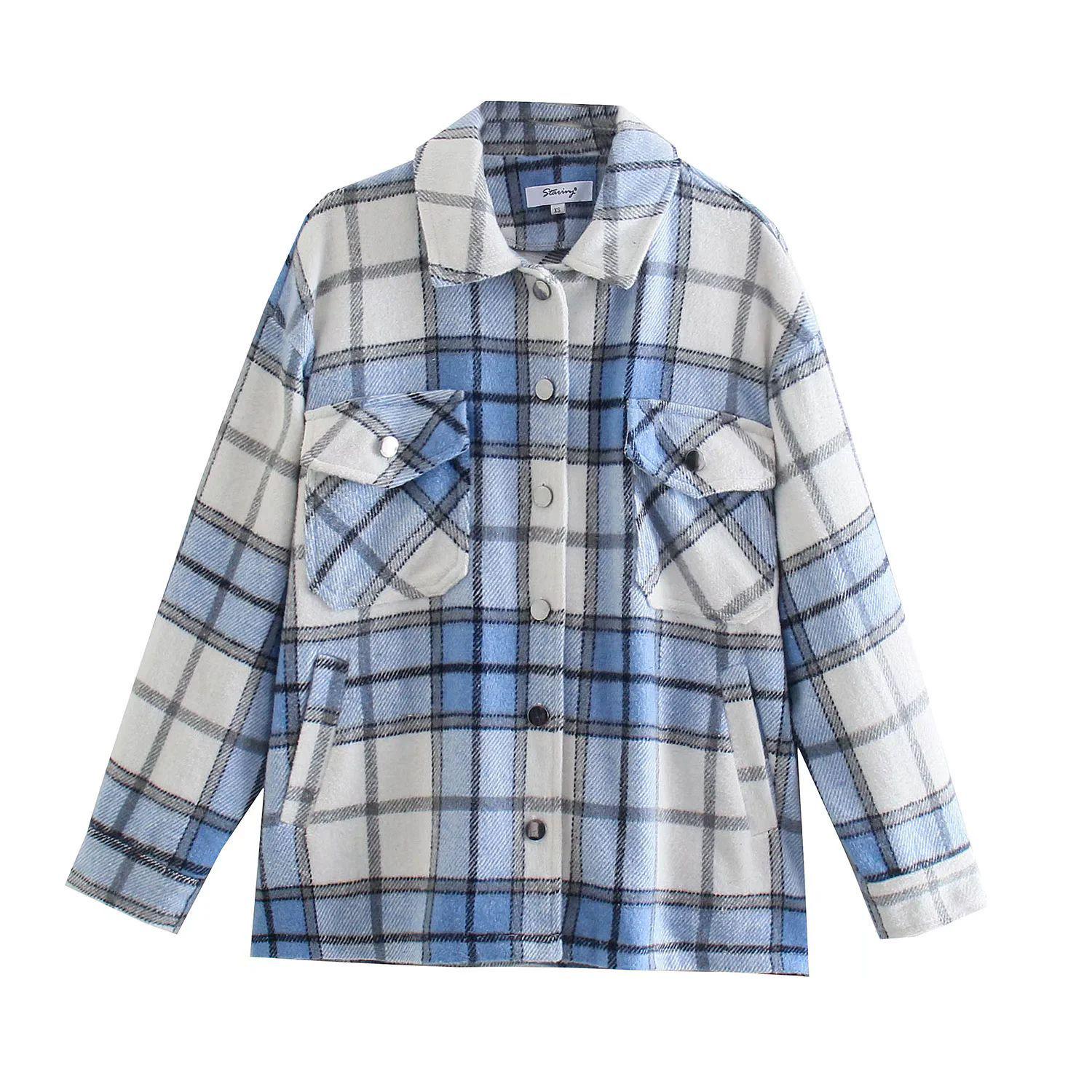 

2024 Зимняя женская рубашка в европейском и американском стиле в клетку с длинным рукавом Small синий