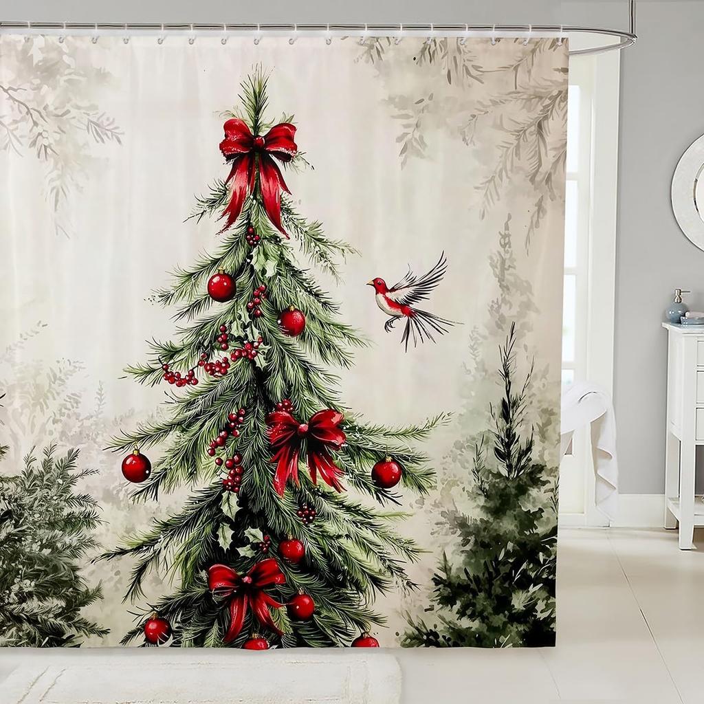 Christmas Happy Santa Claus Shower Curtain Red Xmas Decorations Fabric Shower Curtain,White Snowflake Bathroom Shower Curtain