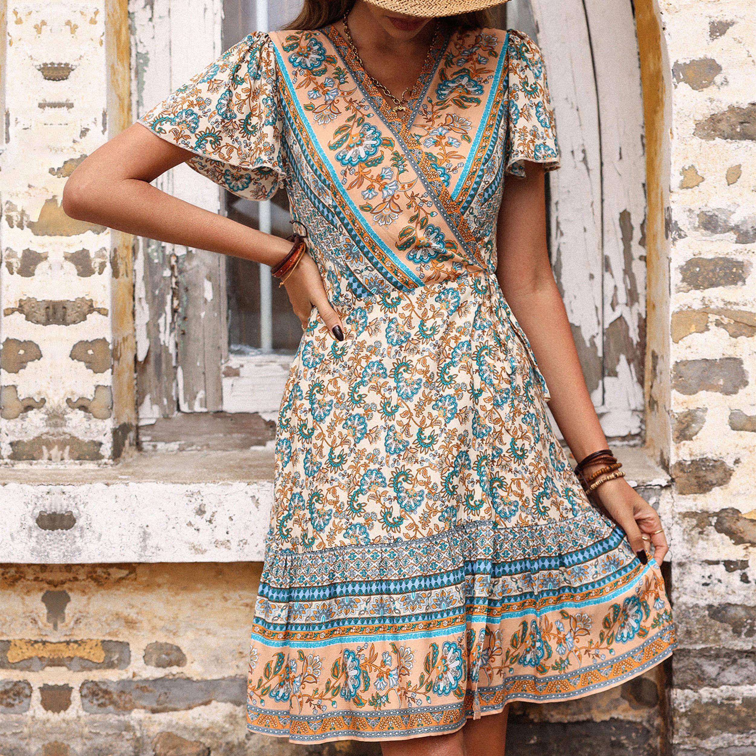 

Женские винтажные повседневные платья в богемном стиле на лето и весну с цветочным принтом и коротким рукавом, с v-образным вырезом и высокой талией XXL абрикосовый