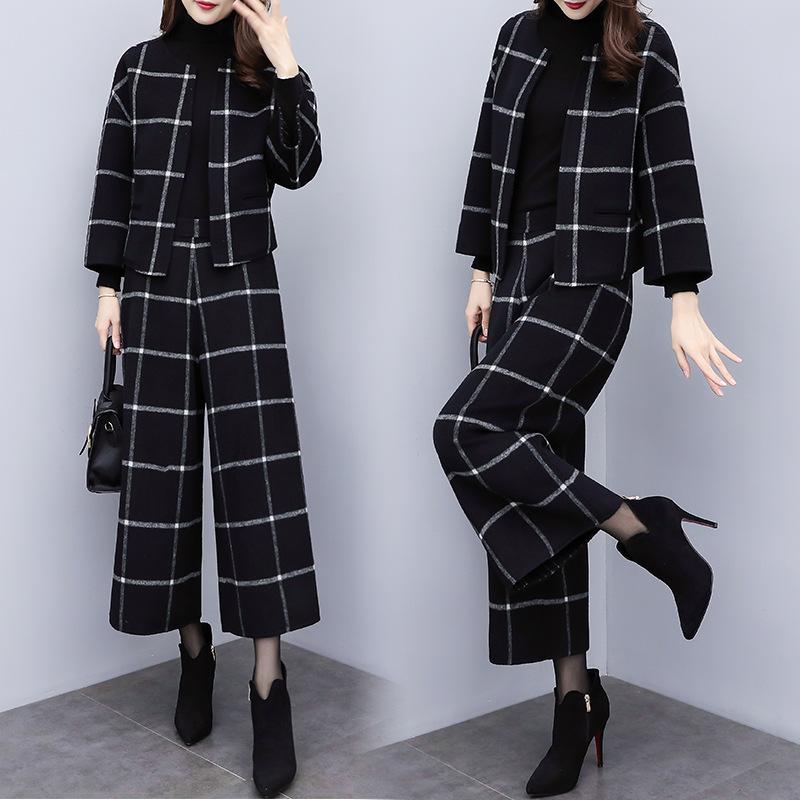 2025 New Women's Autumn and Winter Two-piece Trousers Plaid Woolen Short Coat Wide-leg Pants Casual Fashion Suit Female Trend
