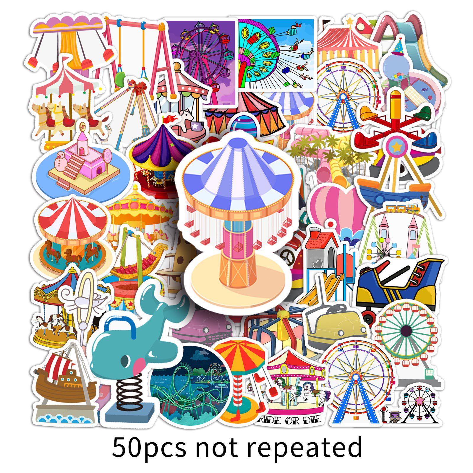 

50 Amusement Park Cartoon Stickers: Carousel, Decoration, Milk Tea & Water Cup Stickers