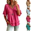 Women's Casual V Neck Short Sleeve Top with Eyelet Detailing and Layered Hem Lightweight Comfortable Summer Blouse