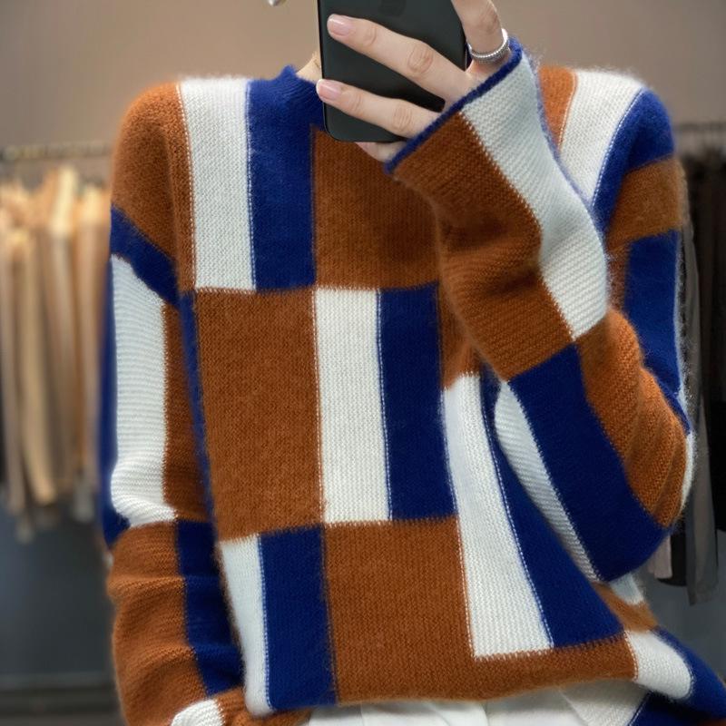 Korean Style Color Block Cashmere Wool Sweater - Women's Casual Round Neck Pullover for Autumn/Winter