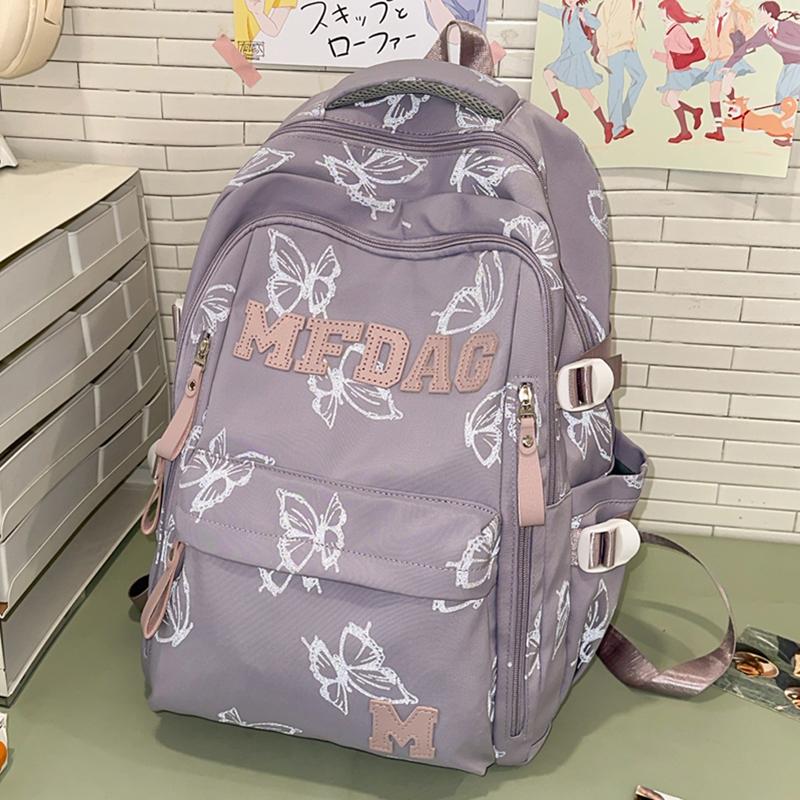 Fashionable Butterfly Printed Backpack Large Capacity Nylon Backpack Student Backpack with Multiple Pockets Suitable for Daily and Student Use