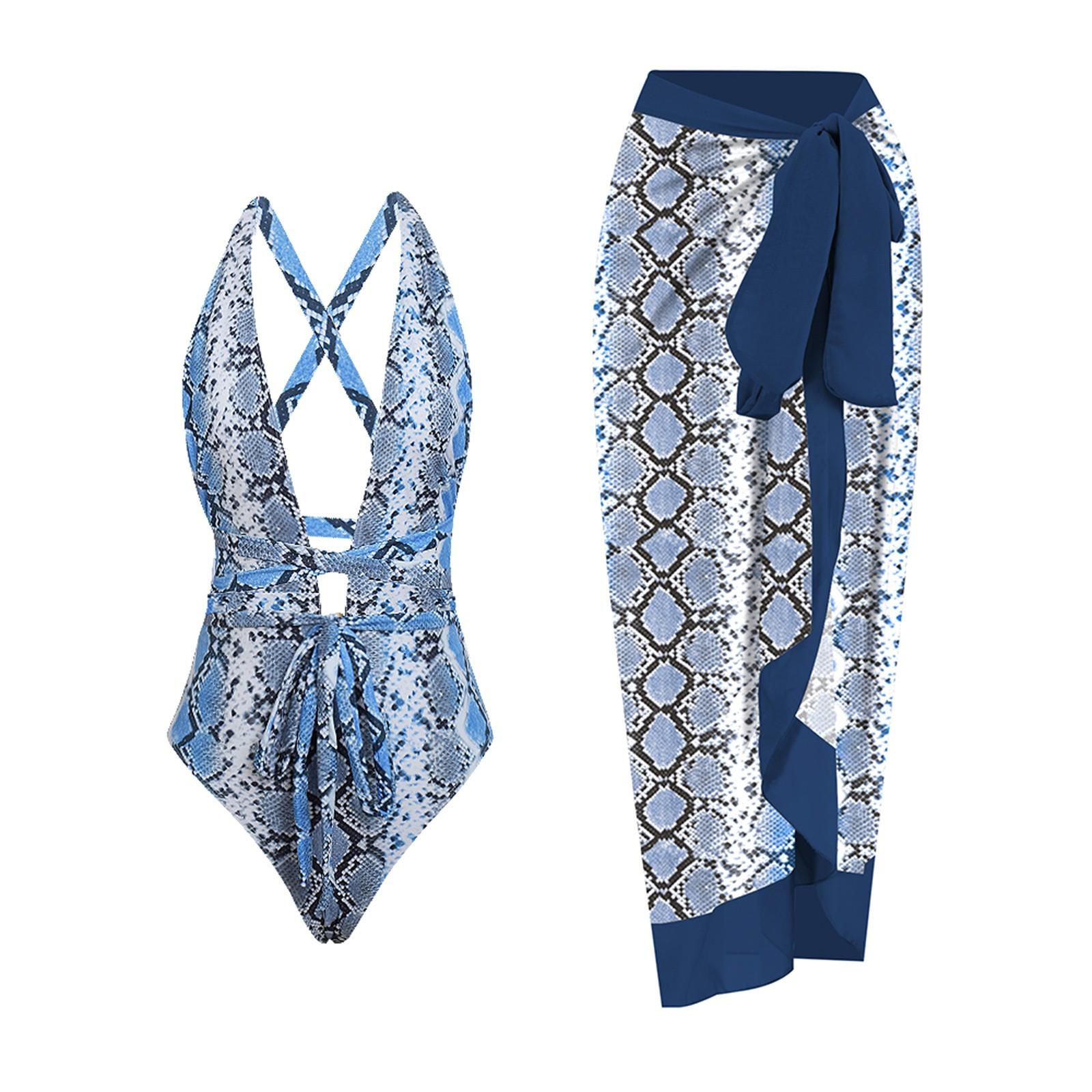 

Женский сексуальный цельный купальник со змеиным принтом, комплект с длинной юбкой L синий