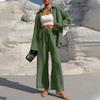 Women's Fashion Solid Color Long Sleeved Button Cardigan Top Elastic Waist Casual Pants Two-piece Set