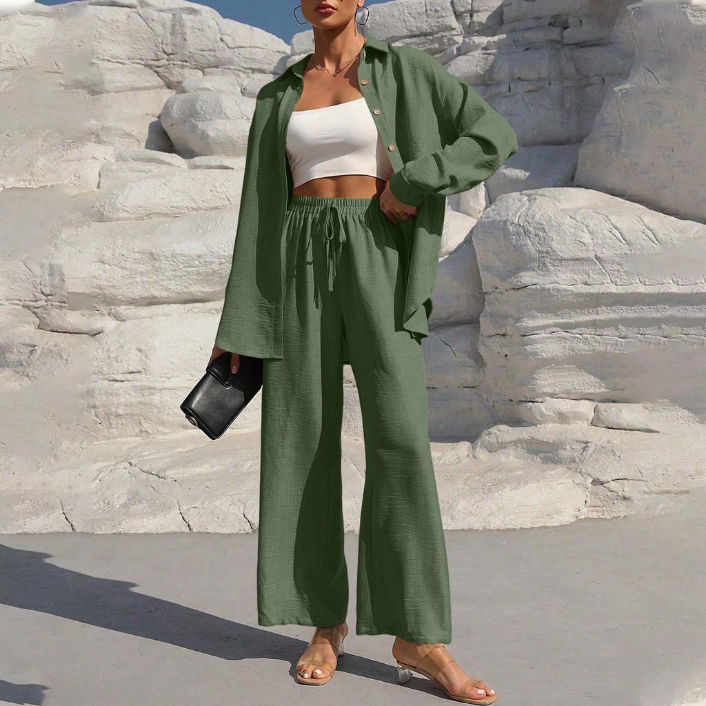 Women's Fashion Solid Color Long Sleeved Button Cardigan Top Elastic Waist Casual Pants Two-piece Set