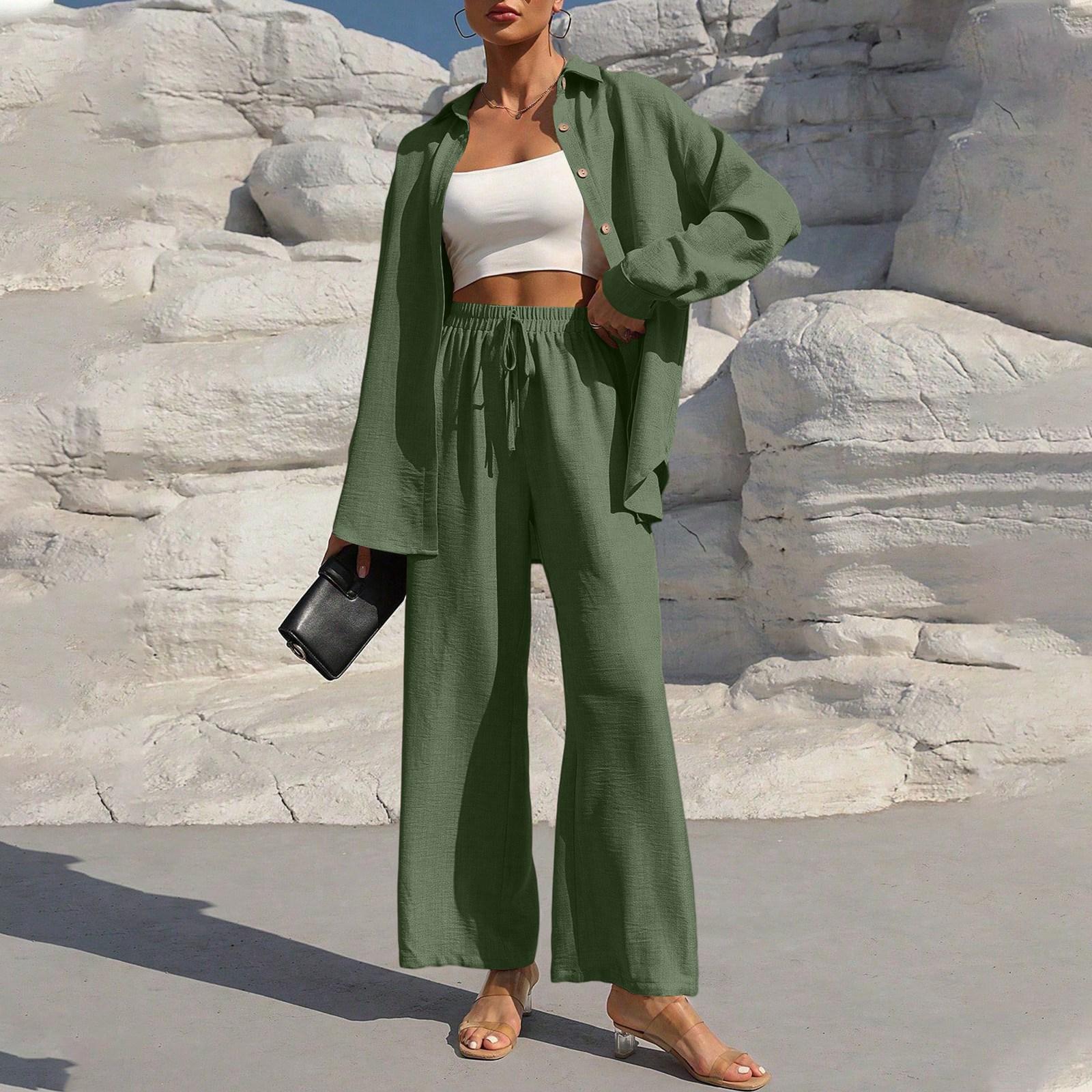 

Women s Fashion Solid Color Long Sleeved Button Cardigan Top Elastic Waist Casual Pants Two-piece Set L