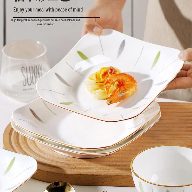 Japanese Style Ceramic Square Plate Set - 4/6 Pieces, Microwave Safe, Thickened Ruyi Design Plates.