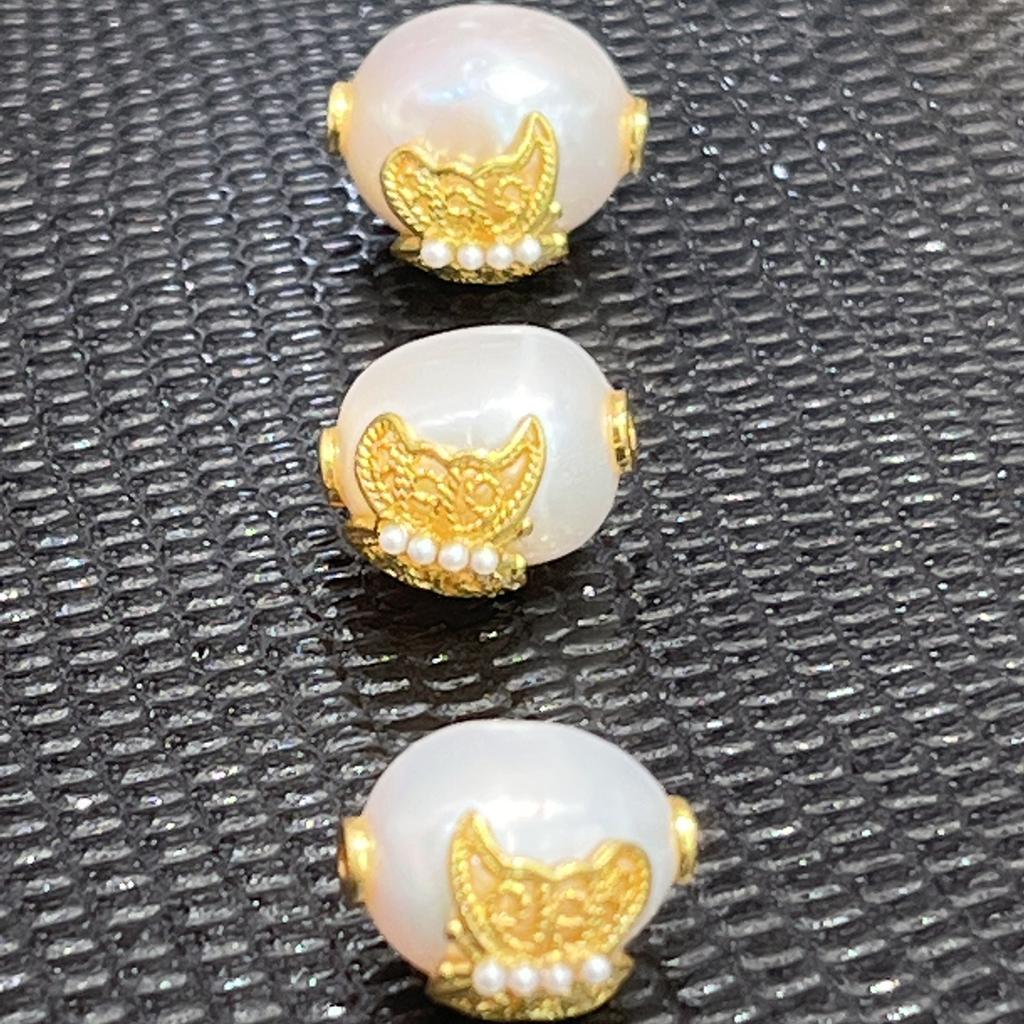 1Pc, Artificial Pearl Beads with Golden Butterfly Decor Accent, Fantasy Style Handmade Rice Beads for DIY Materials Accessories, Jewelry Making 8×12mm
