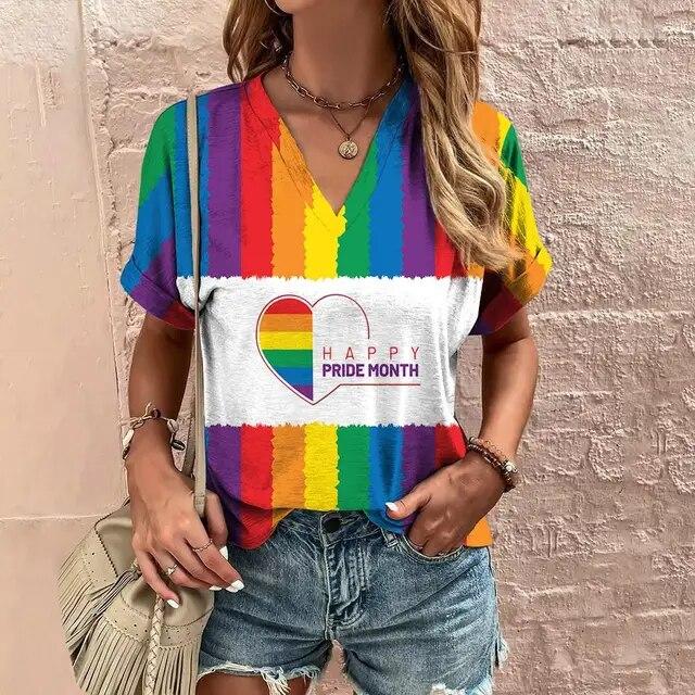 Women'S T-Shirt 3d Rainbow Color Print Tops Tees Fashion Casual V-Neck Pride Month Clothing Summer Lady Oversized Pullovers