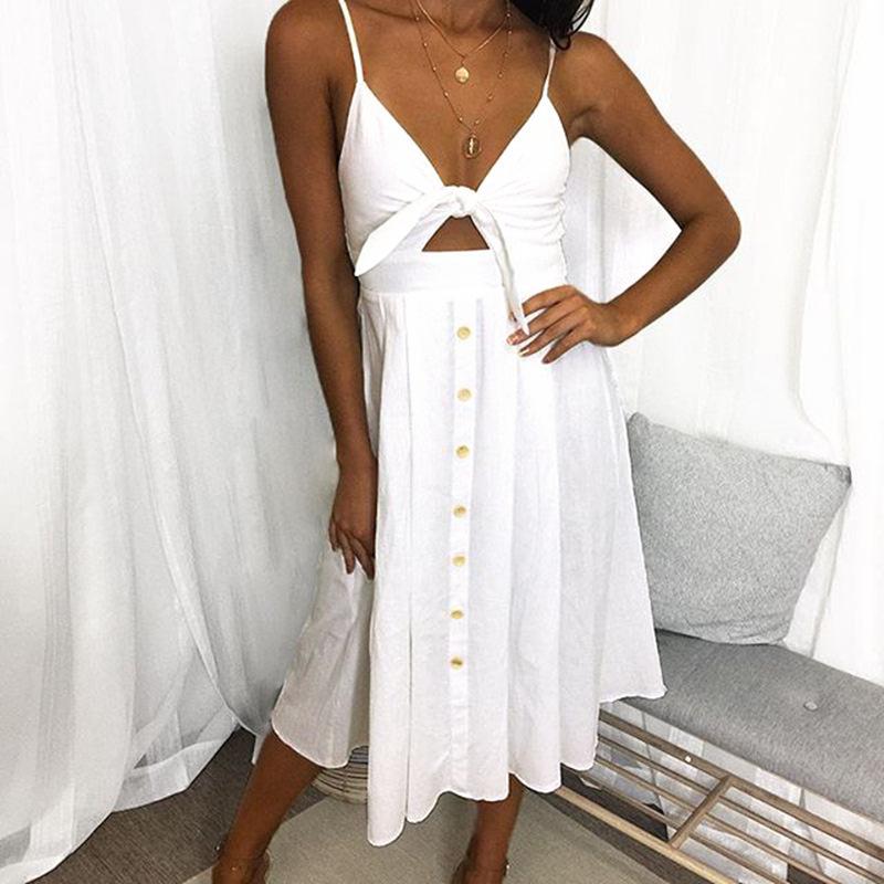 New Products Sexy Fashion Strap Button Backless Bow Dress Yellow Sun Dress