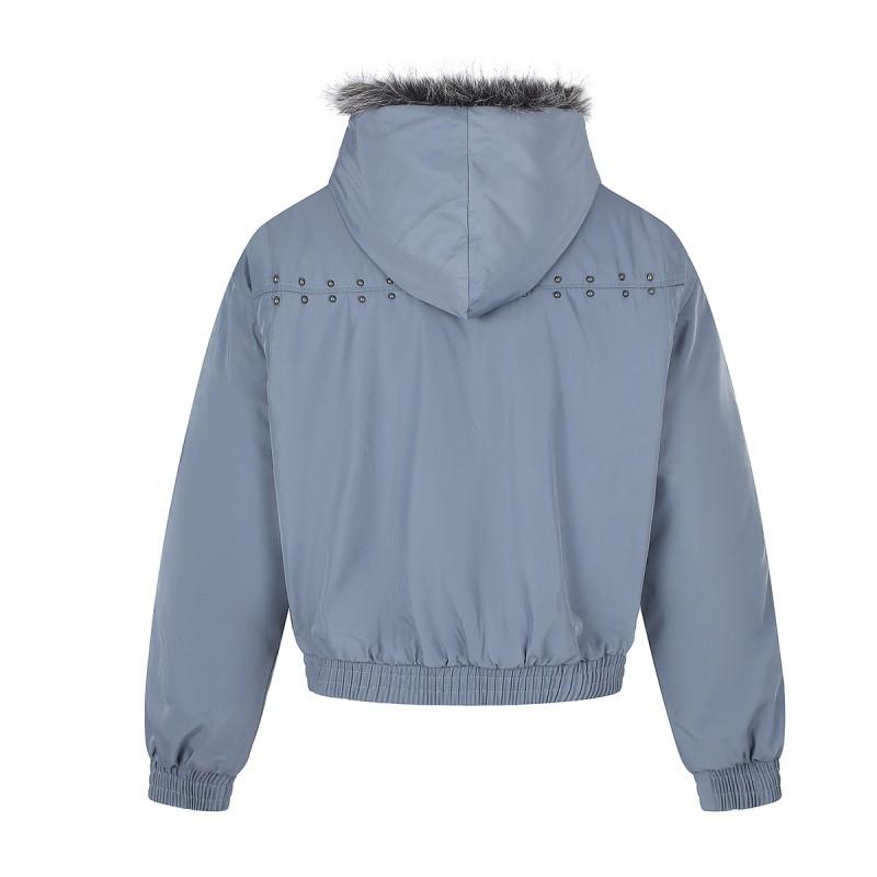 Magic Bear Streetwear Padded Jacket With Rivets Faux Fur Collar Loose Fit Winter Coat Teens