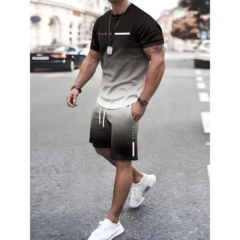 Ensemble Sportif Deux Pièces Imprimé 3D pour Homme T-shirt à Col Rond Couleur Dégradée Hauts à Manches Courtes Shorts Décontractés Fitness