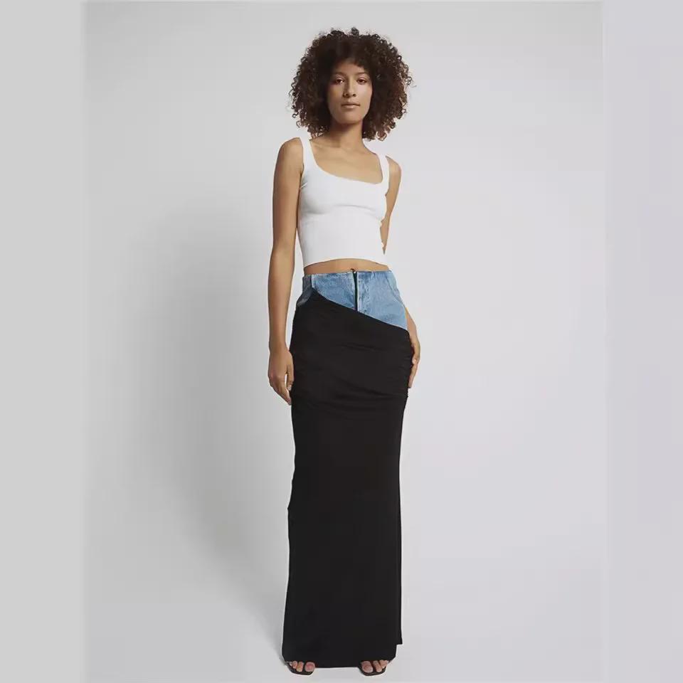 Modern Deconstructed High-Waist Black Pleated Denim Skirt with Spliced Design for Women