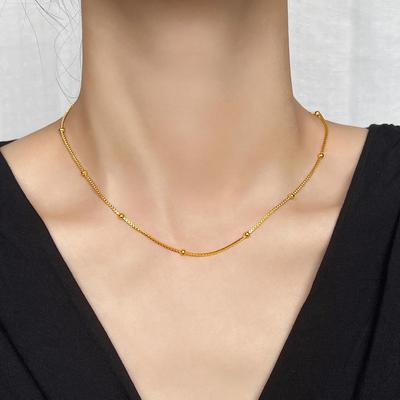 18K Gold Box Chain Necklace with Clip Bead - No Fade, Short, Simple, Versatile Gift for Women