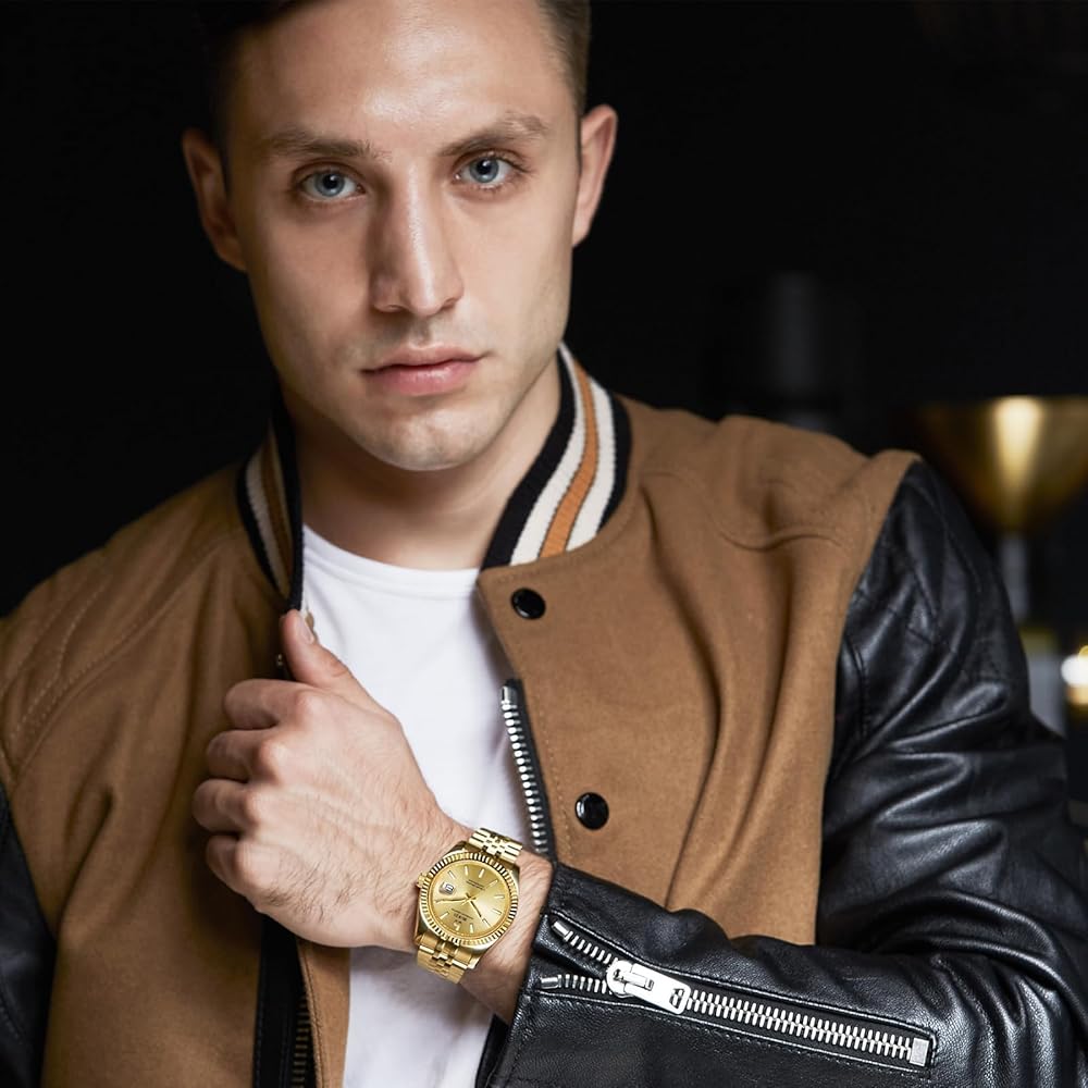 BUREI Men's Automatic Mechanical Watch Waterproof Analog Date Gold Stylish Simple Luminous Wristwatch