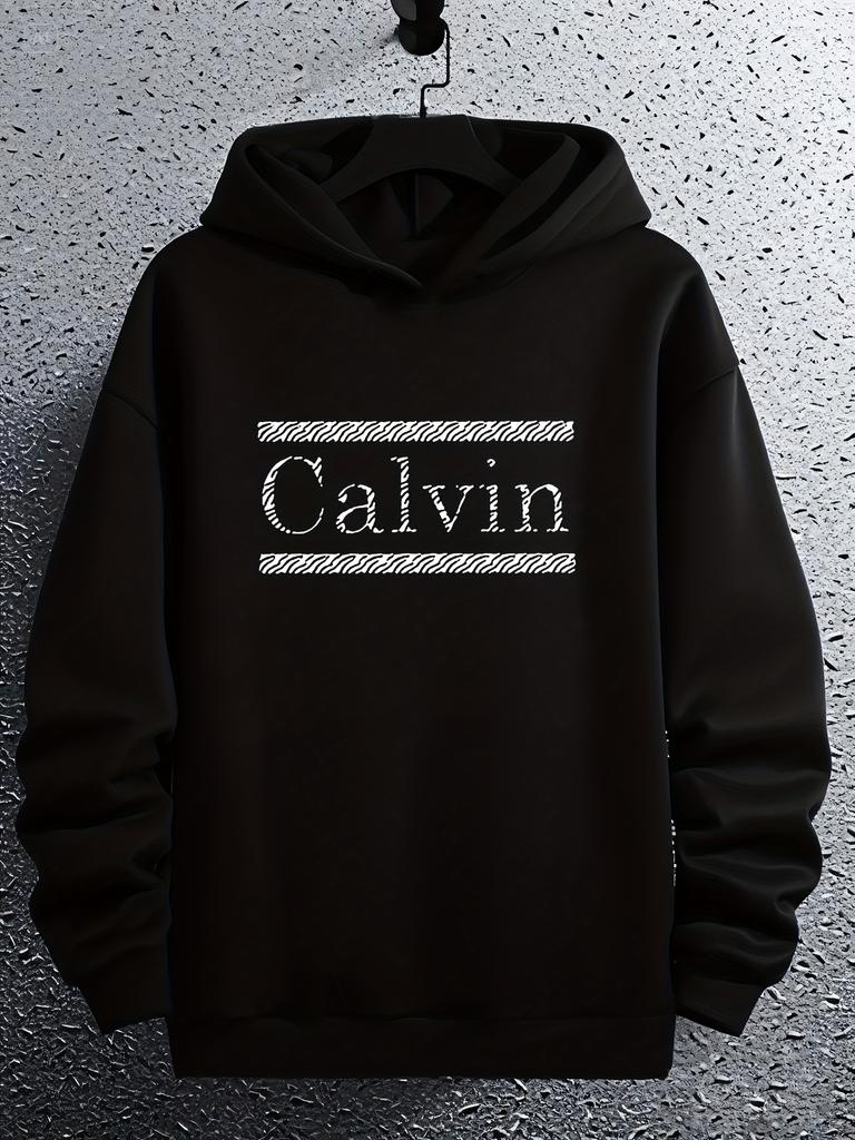 Hoodie - Black Casual Pullover with Calvin Letter Print