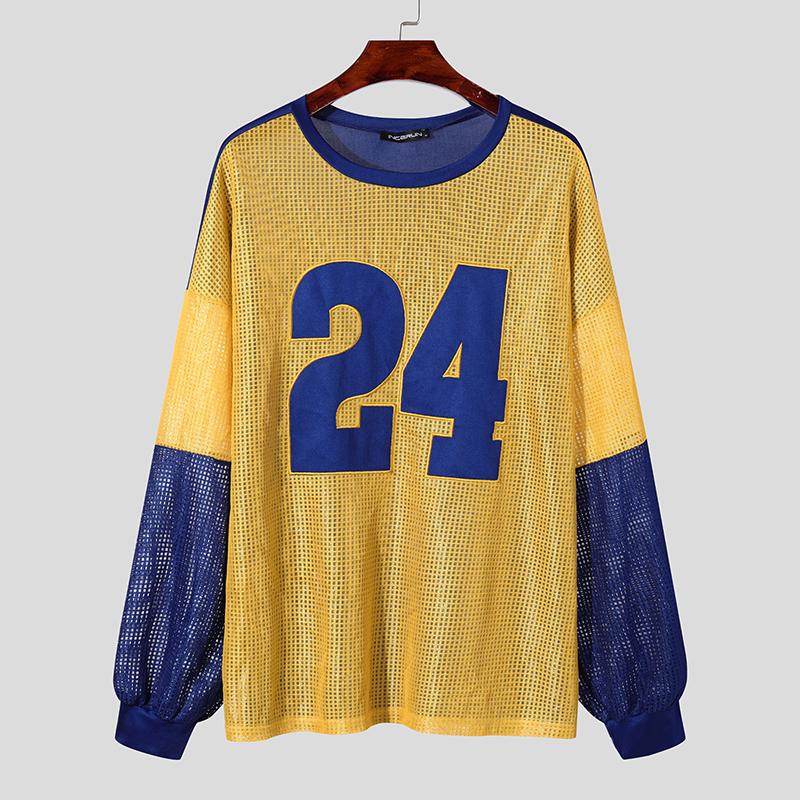 

INCERUN Мужские футболки с круглым вырезом и принтом в стиле пэчворк с буквами, свободные, прозрачные жёлтый