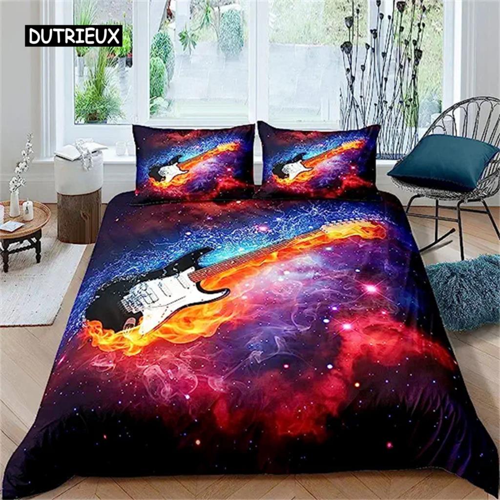 3D Rock Music Themed Guitar Colorful Duvet Cover Fire and Water Bedding Set Modern Gorgeous Microfiber Polyester for Boy Gifts