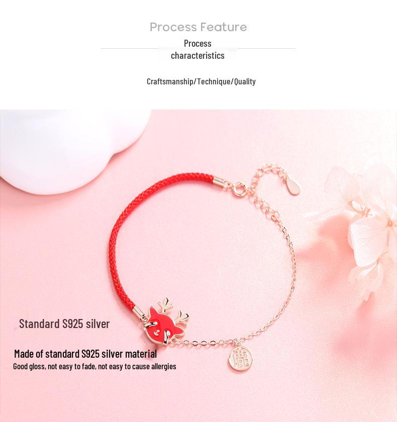 S925 Sterling Silver Antler Bracelet with Temperature-Sensitive Color Change, Woven Red Rope, Chinese Style Women's Christmas Jewelry Gift.