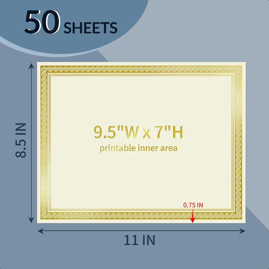 50 Sheets Certificate Papers Blank Gold Foil Border 8.5x11 for Diploma Certificates Participation Awards Document Cardstock Pap