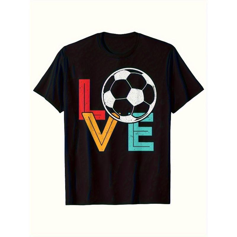

European sizes Men s retro football T-shirt-retro love letters and football art print-black casual-impervious fabric-regular fit everyday sportswear 4XL чорний