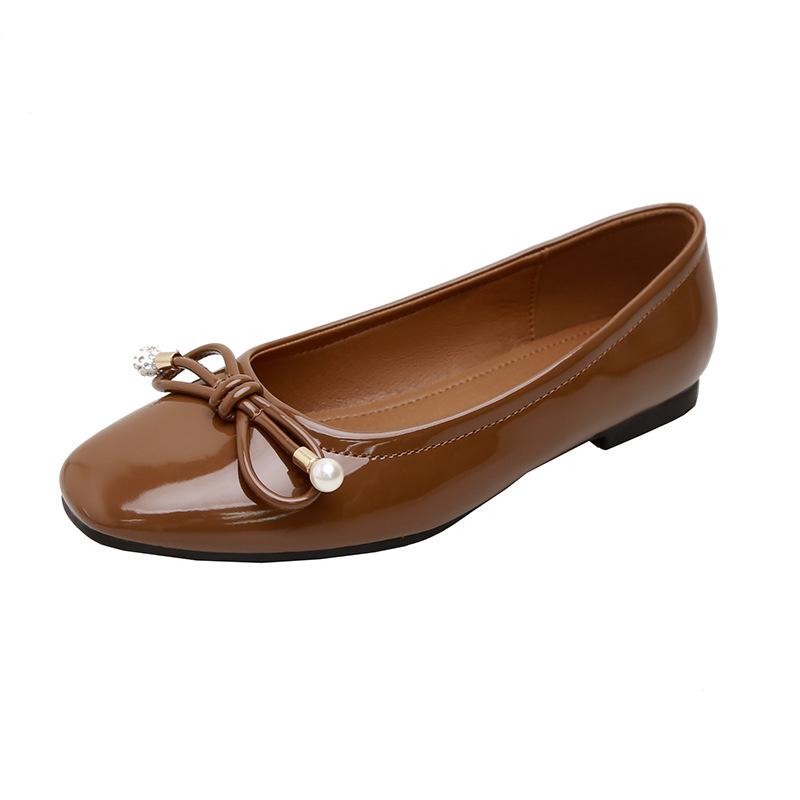 

Su Yinyin s same style, Frida girl~ classic square head bow, shallow mouth exquisite pearl ballet leather shoes 35 кофейный