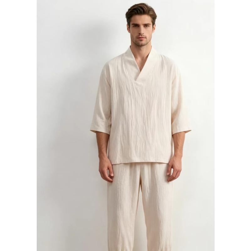 Mens White Cotton Linen V Neck 2 Piece Outfit Set