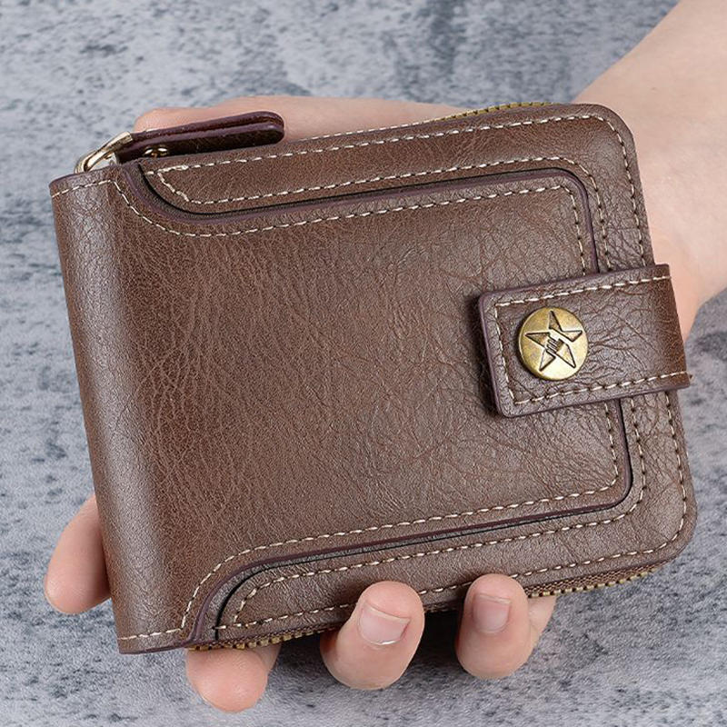 

Cross-border new 2026 retro men s short wallet horizontal zipper multifunctional card buckle coin purse колір світло кави