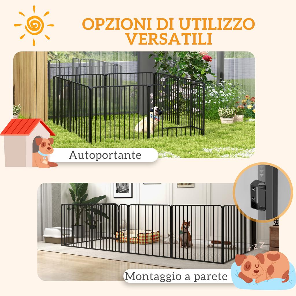 8-Panel Modular Indoor/Outdoor Dog Kennel with 9 Pegs, Steel, 164x164x80 cm, Black