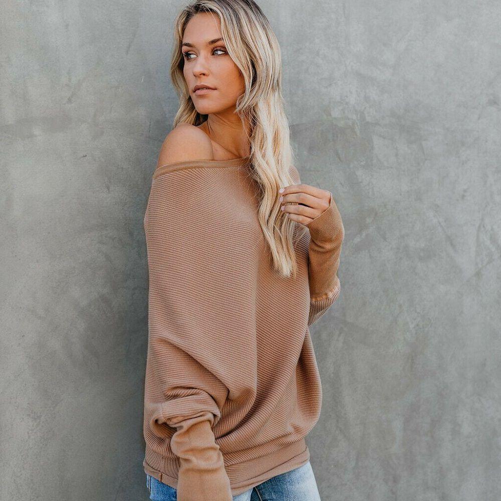 Stylish Women One Shoulder Knitted Sweater Blouse With Long Sleeves And Soft Material