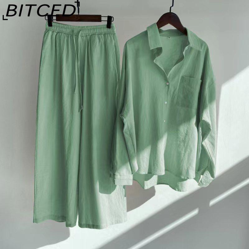 BITCED Women's 2-piece Vintage Plus-size Cotton and Linen Shirt Set High-waisted Loose Trousers