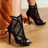Women's Black Stiletto Heeled Sandals with Peep Toe and Laser-Cut Fishnet Design  High Heel Rubber Sole Dress Boots for All Seasons, High Heel Sandals