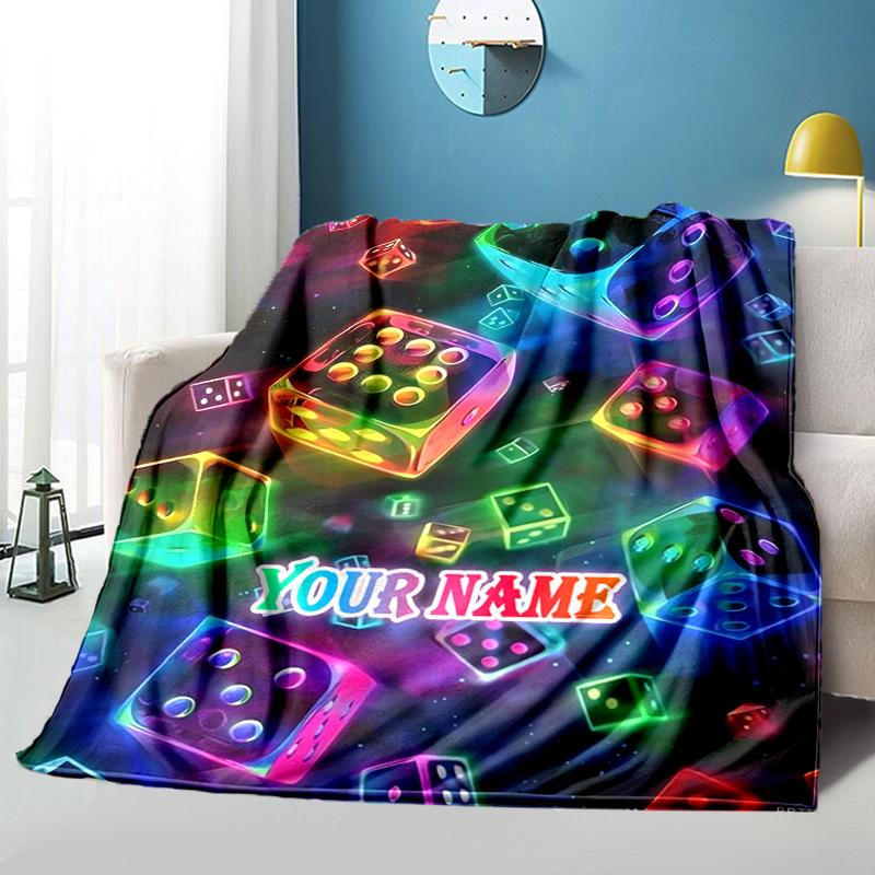 1PC Custom Name Neon Dice Vibrance flannel blanket versatile,all-season throw suitable for the living room,bedroom,camping,travel,and gift