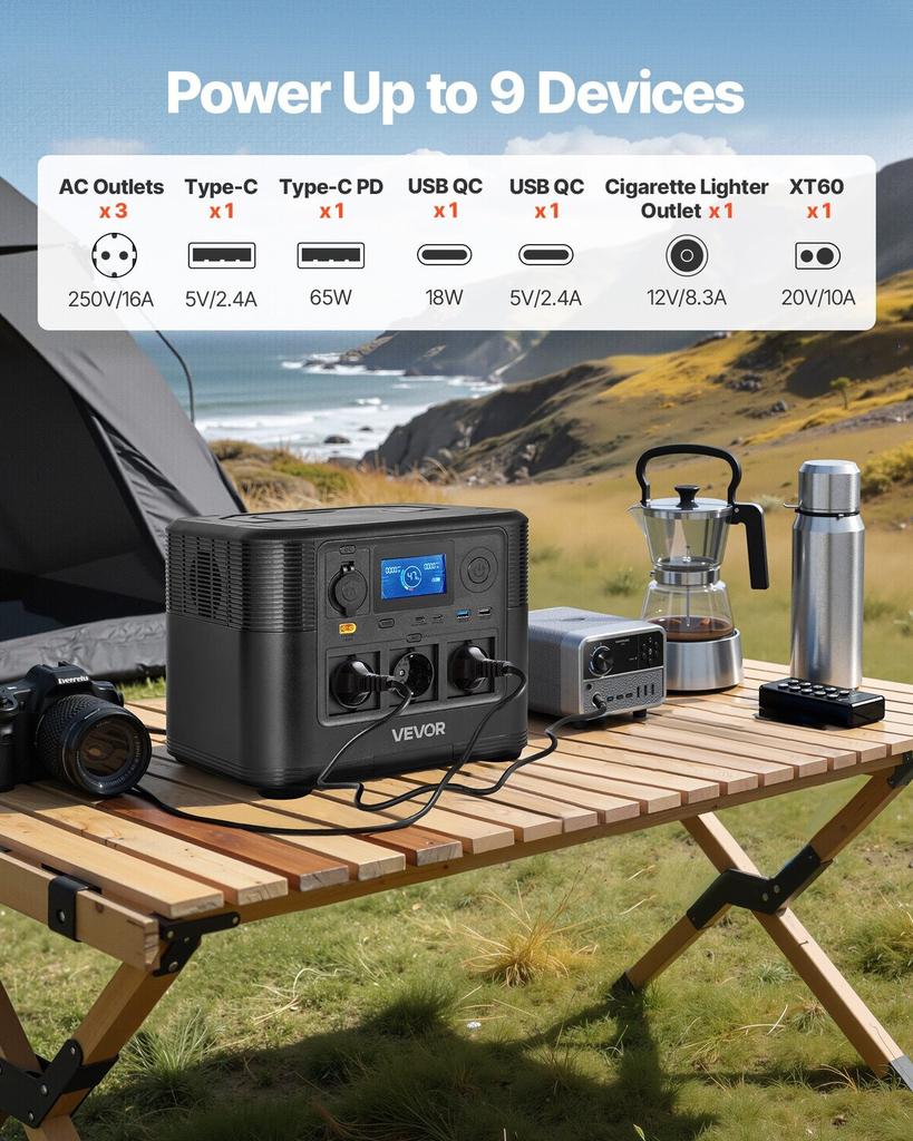 Portable Power Station, 1200W Solar Generator Power Station, 806Wh LiFePO4 Battery Backup with 9 Output Ports for Home Emergency, Outdoor Camping, RV