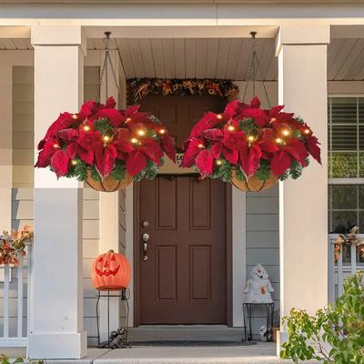 New Christmas Hanging Basket Wreath LED Lighting Hanging Basket Simulation Flower Decoration Can Be Detachable Christmas Decor