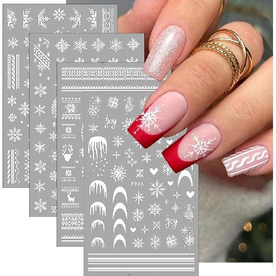 4 Sheets Christmas Nail Stickers for Nail Art 3D Self-Adhesive White Snowflake Nail Art Stickers Winter Xmas Tree Elk Design French Tip Nail Decals