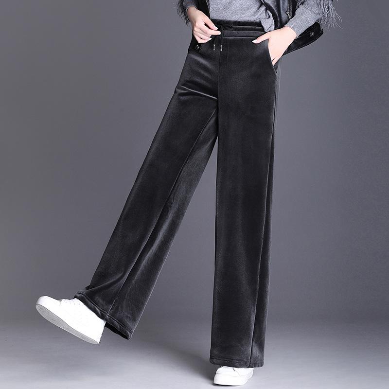 2023 Dámské nadměrné kalhoty s vysokým pasem a širokými nohavicemi podšité fleecem ze zlatého sametu - Podzimní/Zimní kolekce
