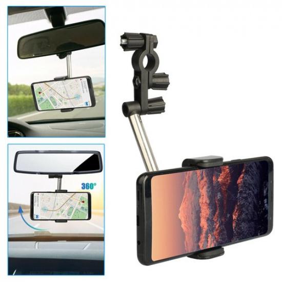 1x Universal Car Phone Holder 360 Degrees Rotating Stand Rearview Mirror Mount