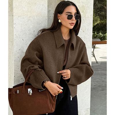 Damjacka med polokrage Enfärgad Nedfällbar krage Dragkedja Långärmad Kort jacka Elegant Retrokappa Pendling Vardag Ytterkläder Vår Höst