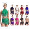 Kadın Kolsuz Balıkçı Yaka Leotard Yama İşi Yapay Elmaslar Püsküllerle Süslenmiş Latin Dansı Jimnastik Yarışma Kıyafeti