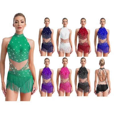 Womens Latin Dance Leotard Sleeveless Mock Neck Sparkle Rhinestones Tassel Detail Competition Outfit