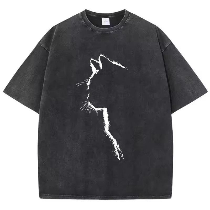 T Shirt Vintage Washed Cotton T-Shirt Retro Cat Graphic Tee Casual Streetwear for Spring Summer Top Tee