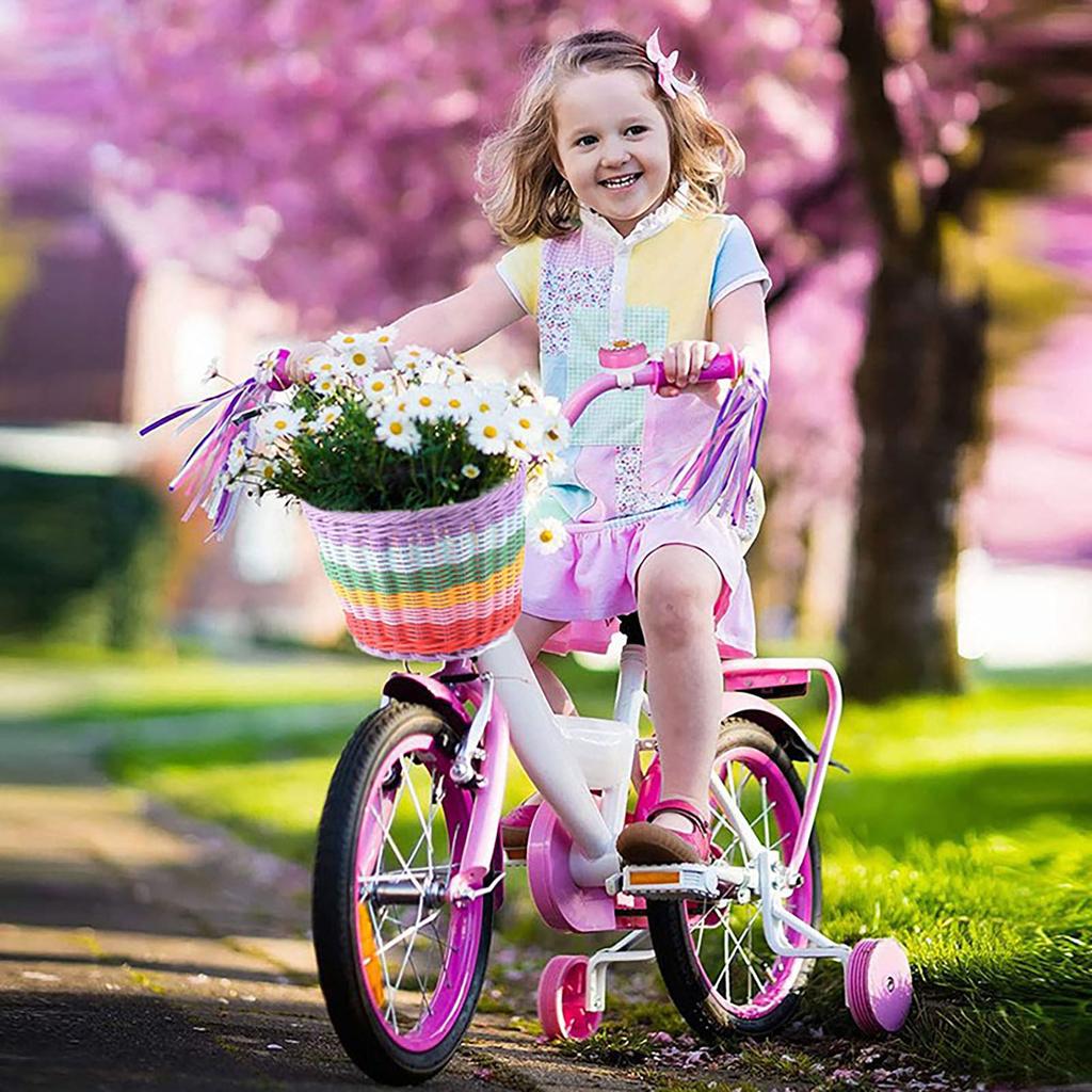 Front Bicycle Baskets For Kids Bike Handlebar Soft Wicker Handwoven Bike Basket Bag Rainbow Color Front Bicycle Panniers Decor