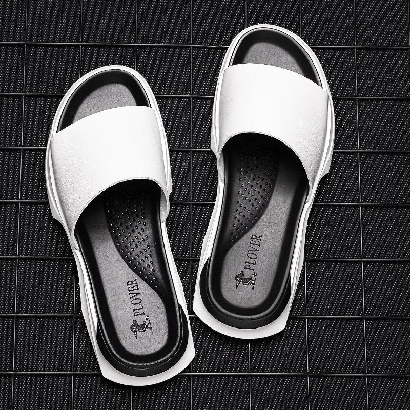 

New Men Shoes Genuine Leather Slippers Summer Casual Slides Street Cool Beach Shoes 44 білий