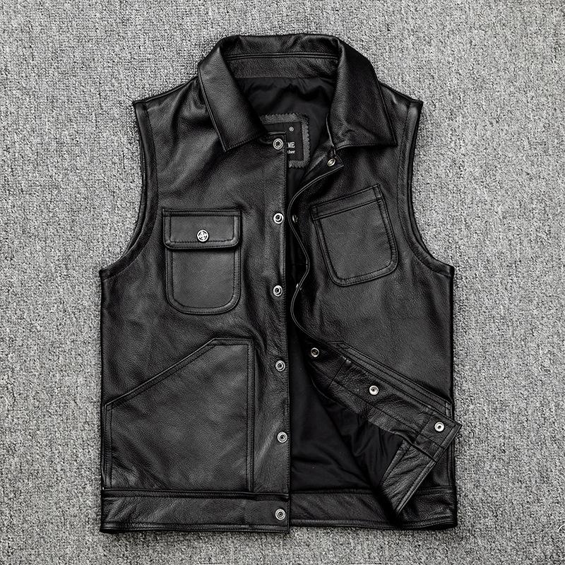 May Khaki Tooling Recut First Layer Rindslederjacke Herren Motorradweste Ärmellose Lederjacke