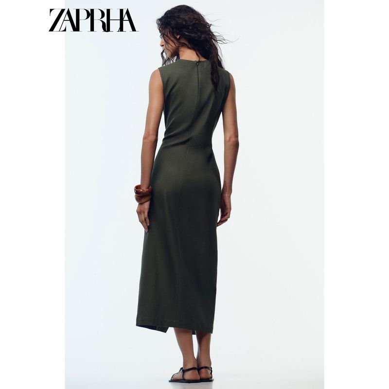 Zaprha 2025 Summer New Clamshell Linen Button Belt round Neck Sleeveless Midi Dress 8416712
